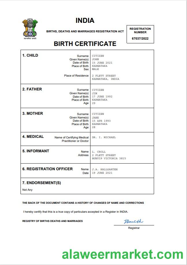 India vital record birth certificate Word and PDF template,